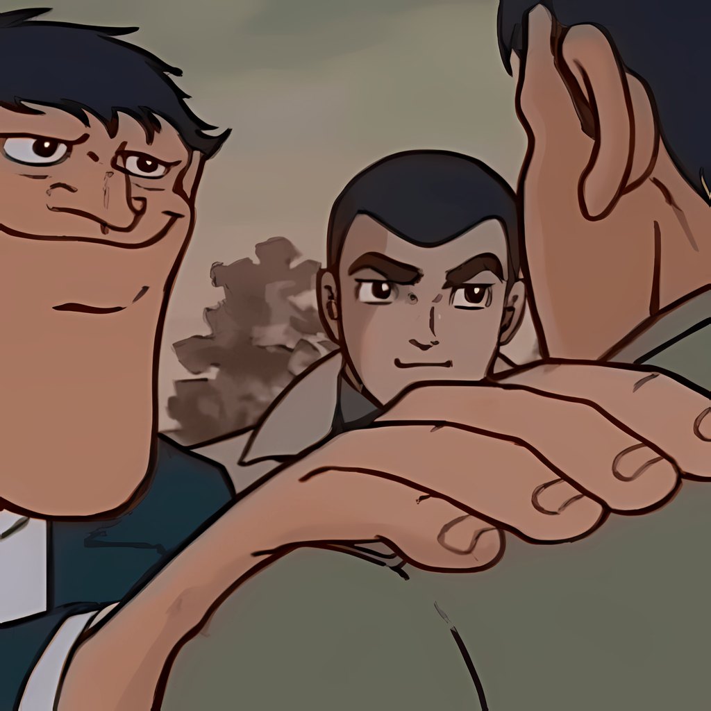 Three anime men; one grins and rests a hand on another's shoulder.